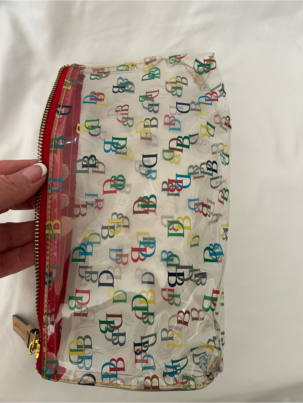 Dooney & Bourke Clear Cosmetic Pouch with Multicolor DB Print and Red Trim - Picture 7 of 7